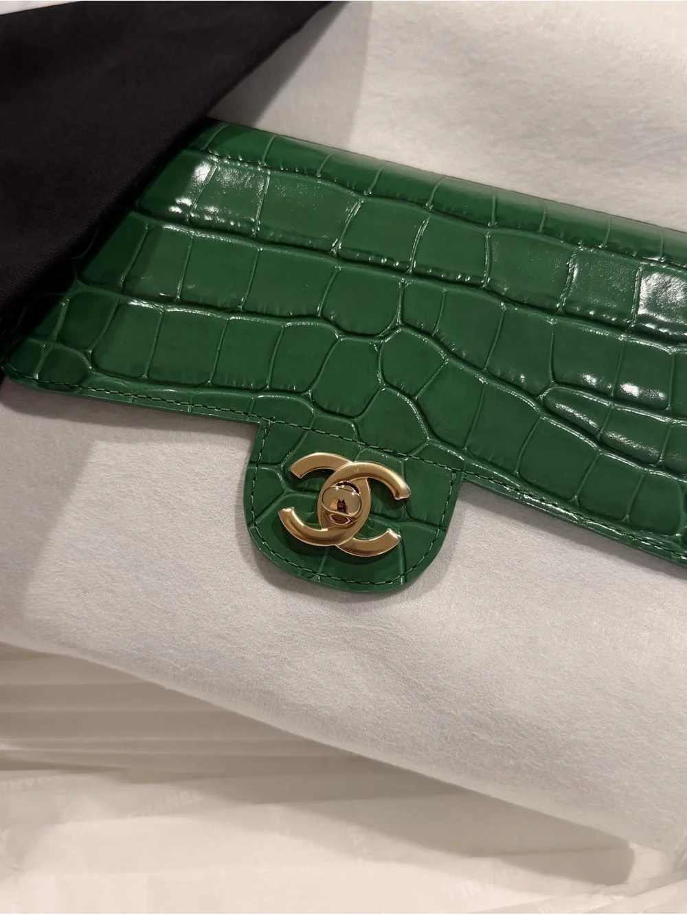 CHANEL Green Croc-Embossed top handle bag Bag with Gold hardware